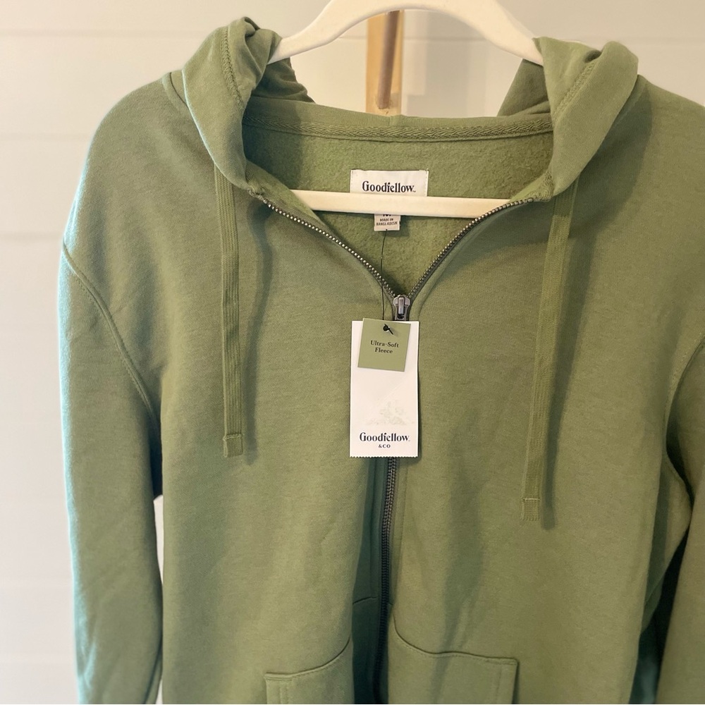 Men's Hooded Zip-Up Sweatshirt - Goodfellow Co Green M: Fleece - Picture 3 of 5